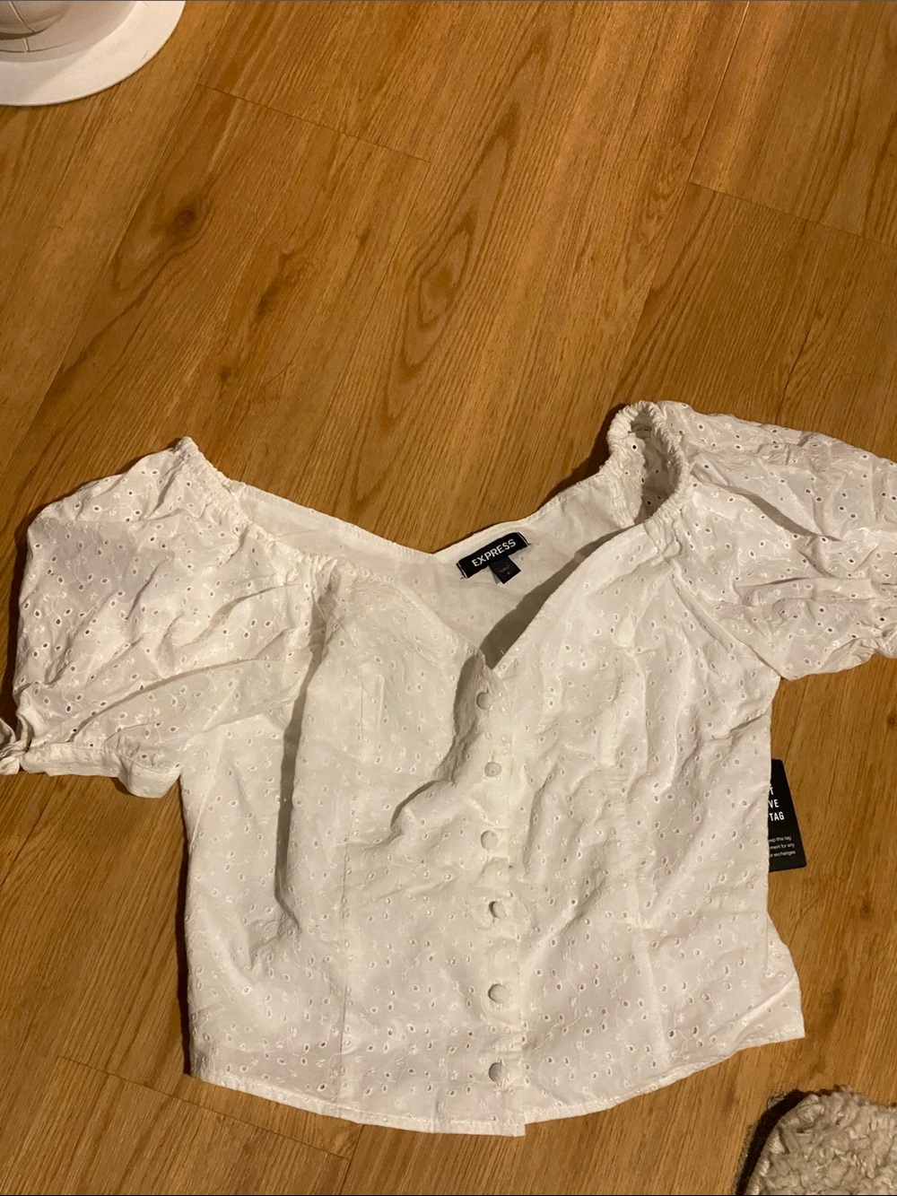 Express White Off the Shoulder Puff-Sleeve Button Front Top (tag on)